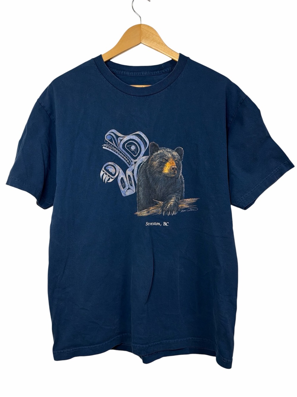 Steveston BC Black Bear Totem Graphic T-Shirt Navy M/L